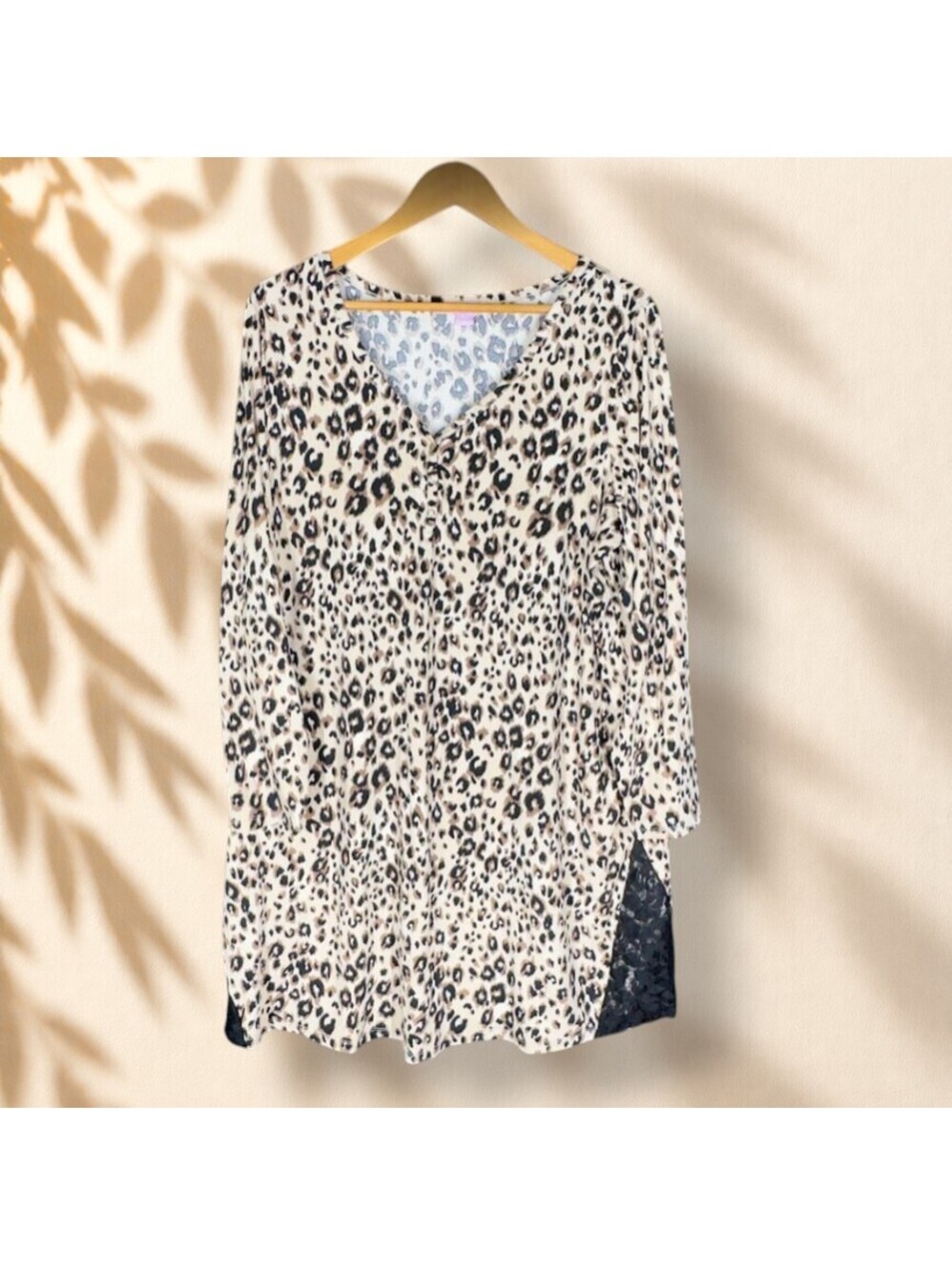 Amoureuse Night Gown Women L Large Beige Animal V-Neck Long Sleeve Sleepwear
